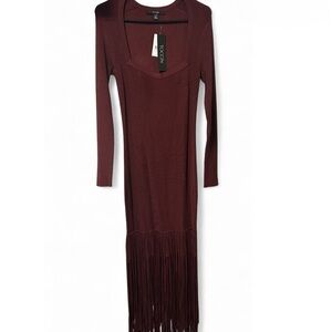 Elegant Burgundy Long Sleeve Fringe Dress